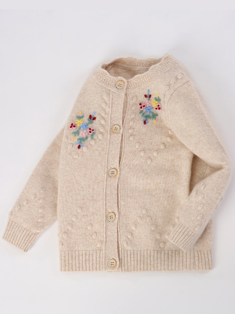 Girls Embroidered Floral Beige Cashmere Button-Front Cardigan